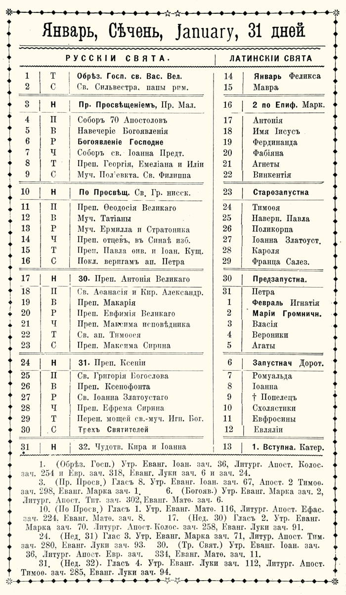 Orthodox Church Calendar, January 1921