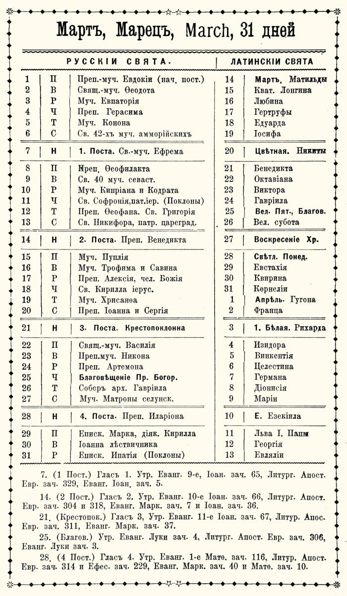 Orthodox Church Calendar, March 1921