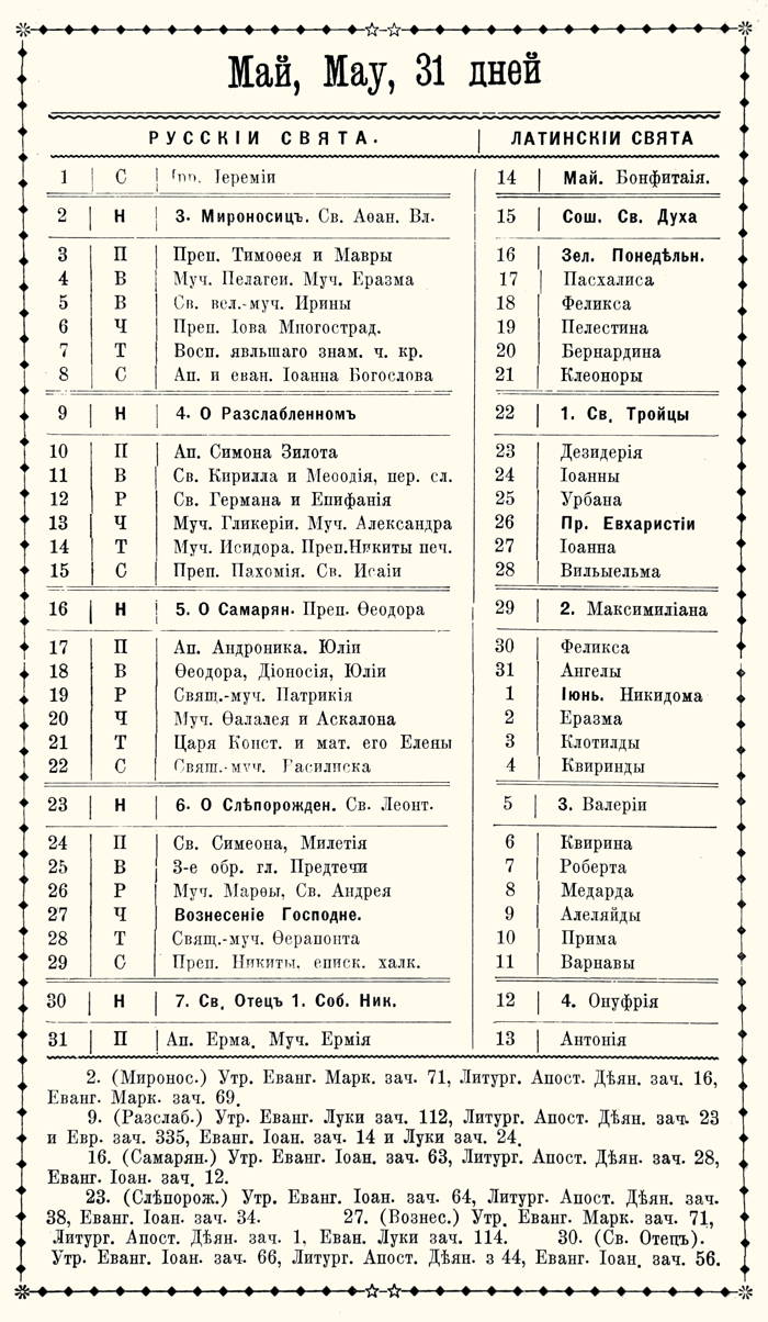 Orthodox Church Calendar, May 1921