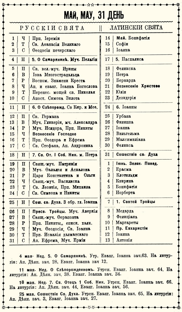 Orthodox Church Calendar, May 1925