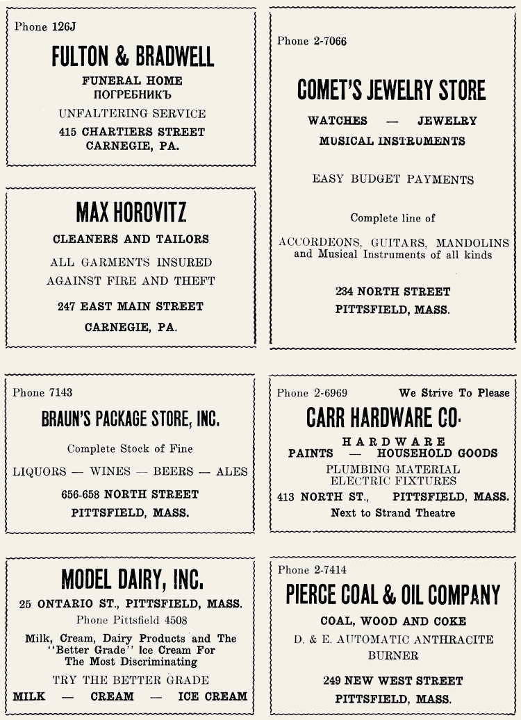 Pennsylvania, Massachusetts, Carnegie, Pittsfield, Fulton & Bradwell, Max Horovitz, Braun's Package Store, Inc., Model Dairy, Inc., Comet's Jewelry Store, Carr Hardware Co., Pierce Coal & Oil Company