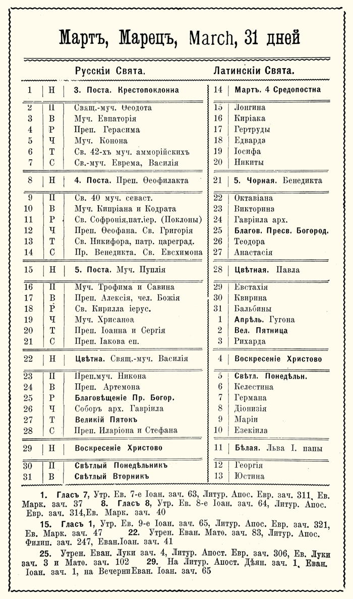 Orthodox Church Calendar, March 1920