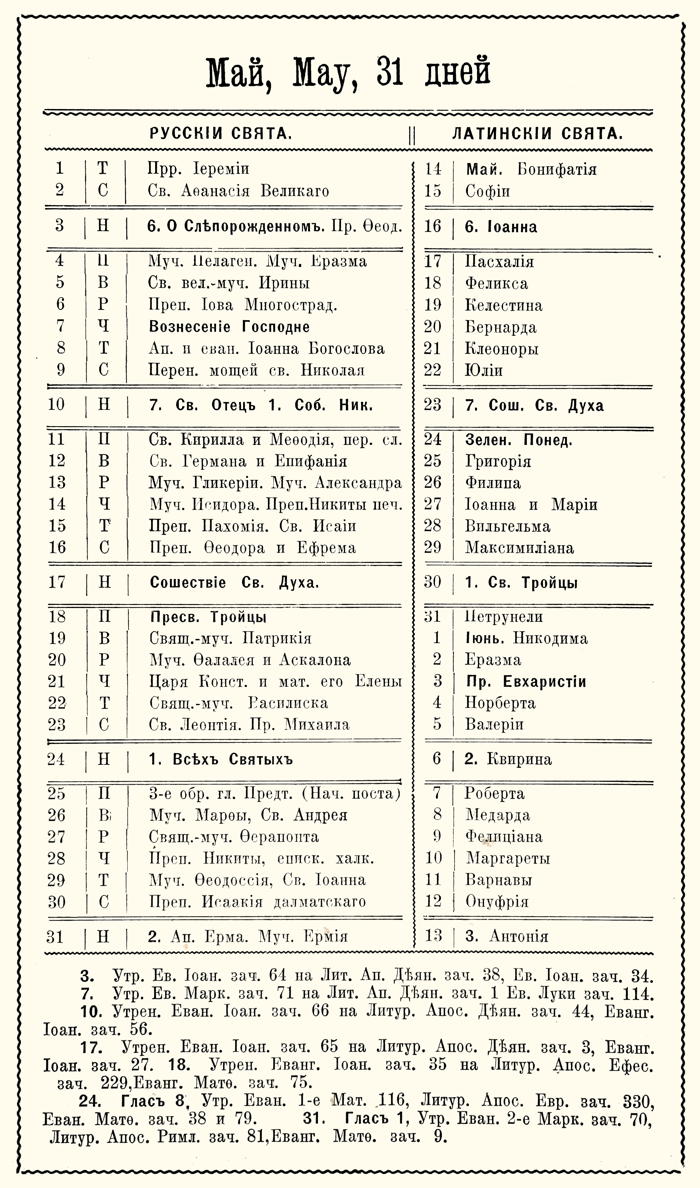 Orthodox Church Calendar, May 1920