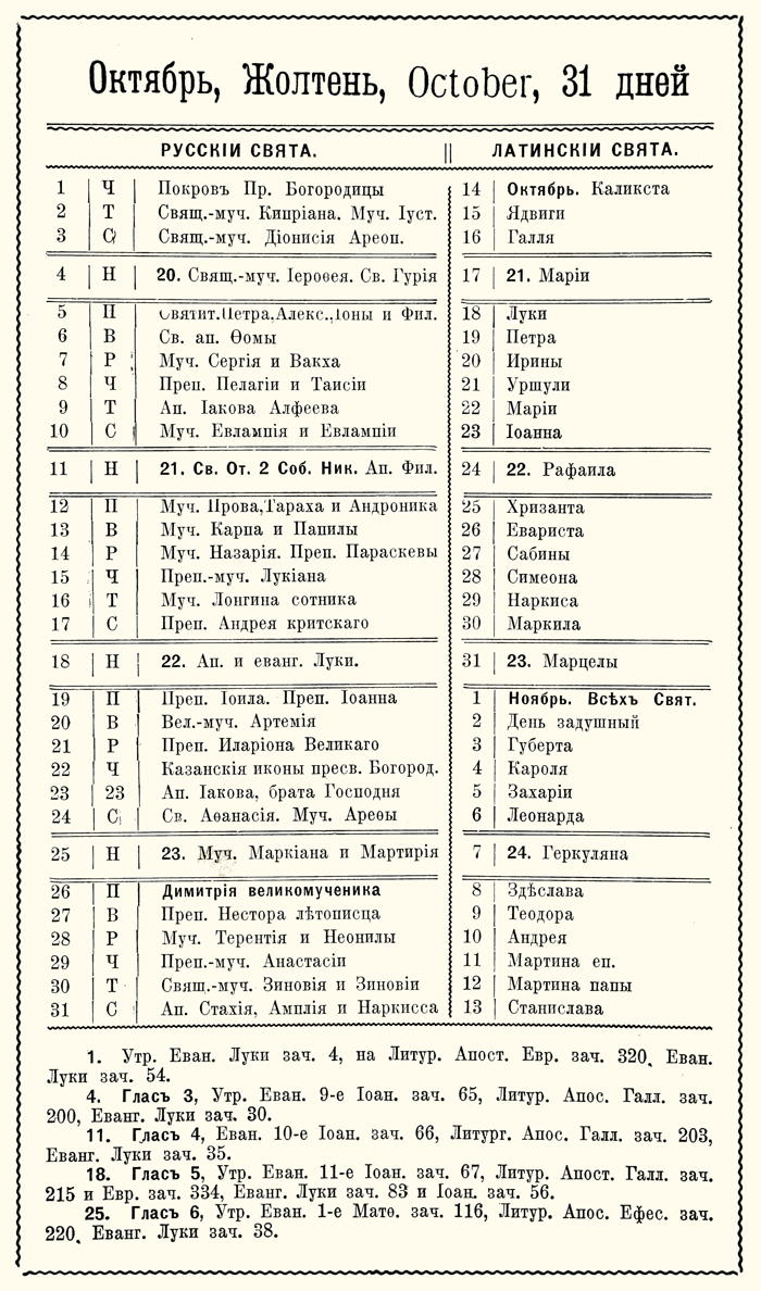 Orthodox Church Calendar, October 1920
