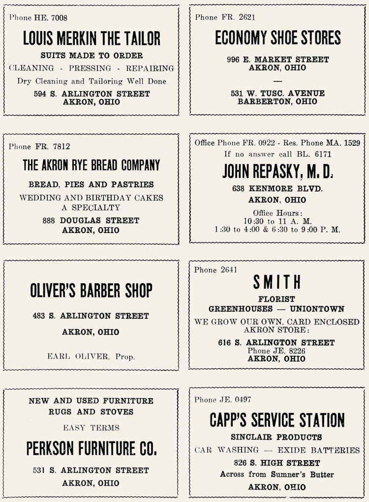 Ohio, Akron, Barberton, Louis Merkin the Tailor, Akron Rye Bread Company, Oliver's Barber Shop, Earl Oliver, Perkson Furniture Co., Economy Shoe Stores, John Repasky, Capp's Service Station, Sumner's Butter