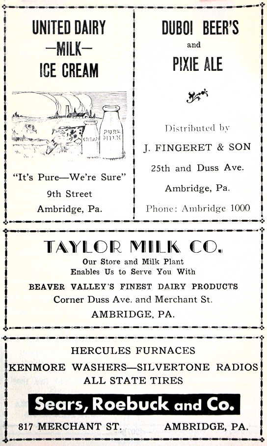 United Dairy, Duboi Beer, Pixie Ale, Taylor Milk, Co. Hercules Furnaces, Kenmore Washers, Silvertone Radios